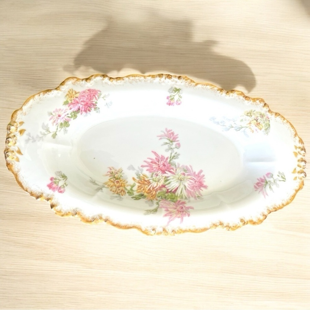 Limoges ice cream tray, chrysanthemums, gold scrollwork, no cracks,or chips, EUC